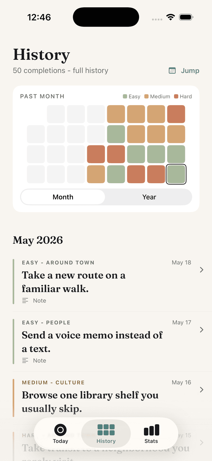 Watch the habit build screen in the One New Thing daily challenge app